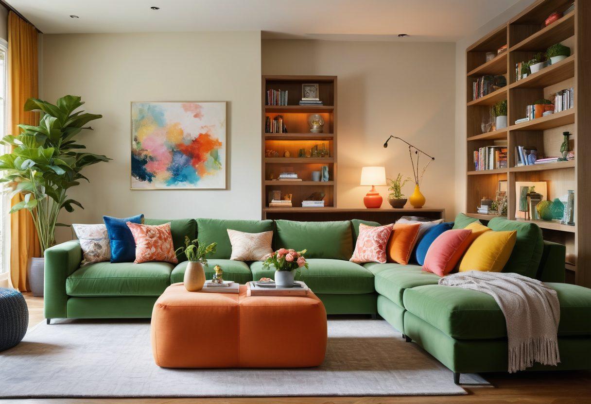 A cozy family living room filled with stylish furniture, vibrant plants, and functional decor. An inviting atmosphere with a family interacting playfully, showcasing innovative storage solutions. Soft lighting enhances the modern design elements, while a splash of color from pillows and artwork adds a touch of liveliness. Showcase a balance of style and functionality. super-realistic. vibrant colors. soft lighting.