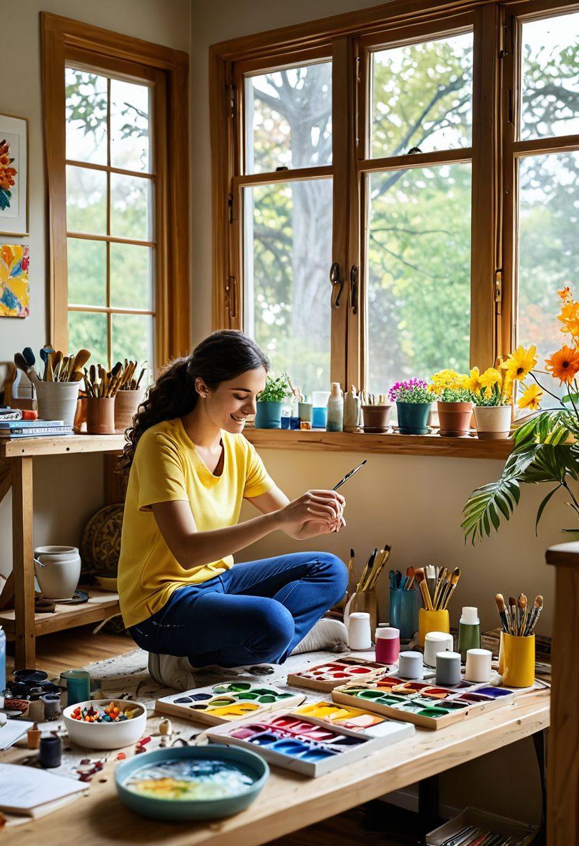 A cozy living room with family members engaged in various DIY projects, showcasing colorful tools and vibrant decorations. One person is painting a canvas, while another is assembling handmade furniture. Large windows let in warm sunlight, reflecting a cheerful atmosphere filled with inspiring creativity. Various finished DIY decor items are scattered around, highlighting unique styles. super-realistic. vibrant colors. warm lighting.