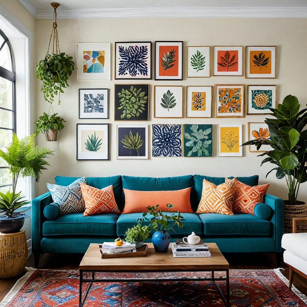 A cozy living room featuring a beautifully decorated space with vibrant throw pillows, creative wall art, and indoor plants. Include a family gathered together, interacting warmly in this inviting environment. Showcase a blend of modern and traditional decor elements, highlighting unique furniture pieces and light fixtures. The room is filled with natural light streaming through large windows. super-realistic. vibrant colors. warm ambiance.